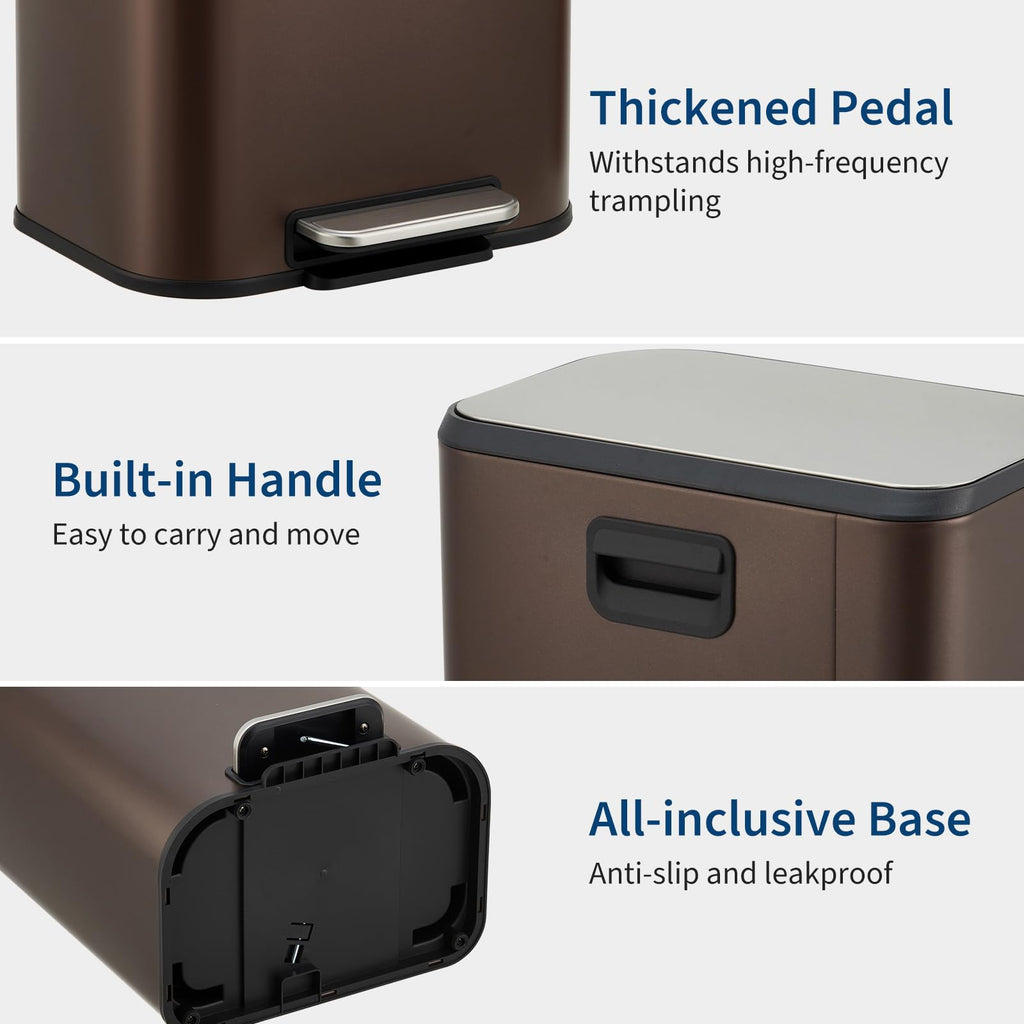 8 Gallon Brown Stainless Steel Kitchen Trash Can - Rectangular Foot Pedal Garbage Bin with Soft-Close Lid & Removable