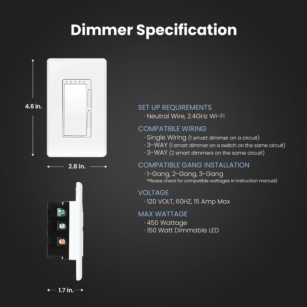 Smart Dimmer Switch, Neutral Wire Required for Installation