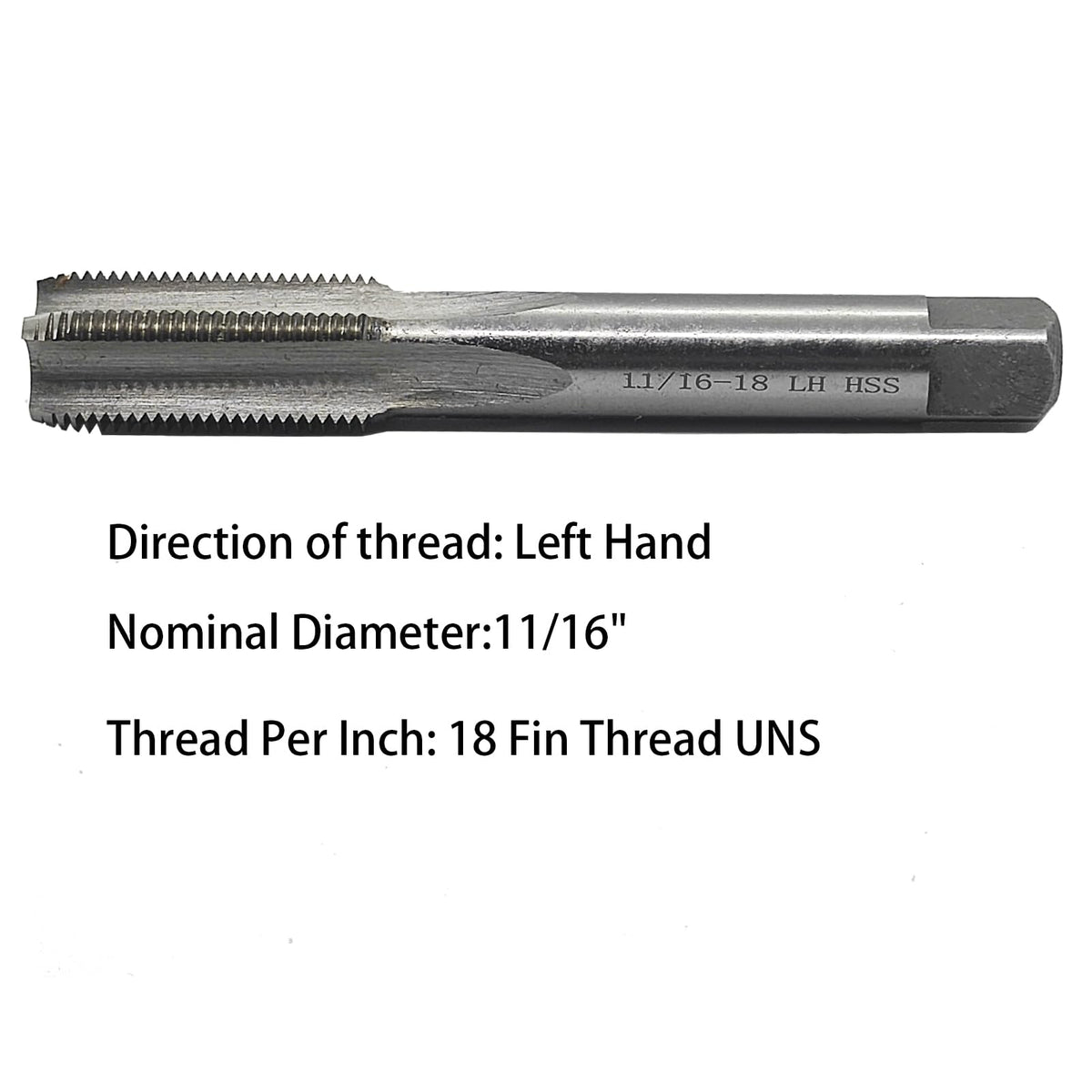 11/16"- 18 Left Hand Tap, UNS, Straight Flute, 4 Flute
