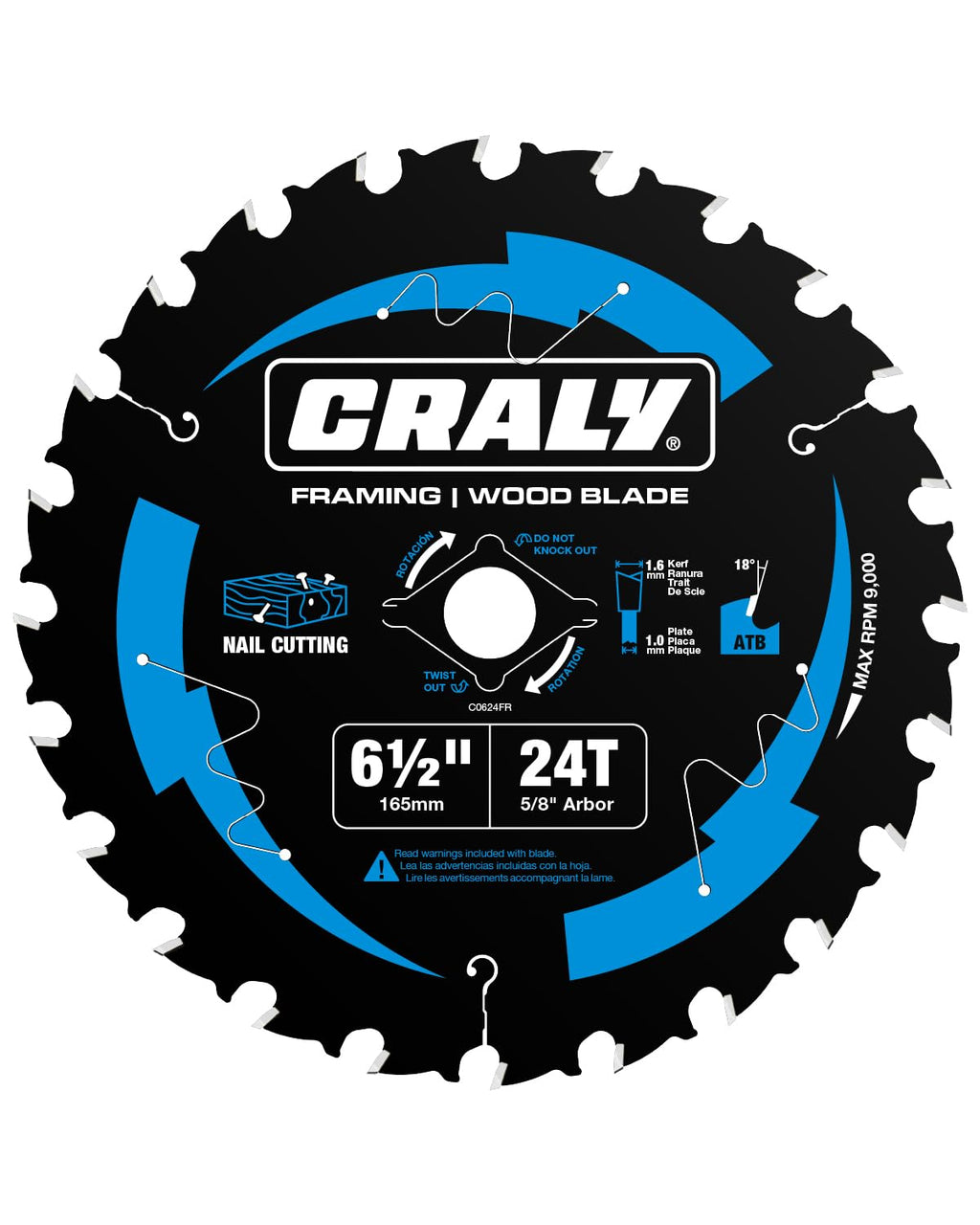CRALY 6-1/2 Inch 24 Teeth Wood Cutting Framing Circular Saw Blade, 5/8 Inch Arbor, Carbide Tipped, Thin Kerf, Black Ice, for Plywood, MDF, OSB, Laminated(C0624FR)