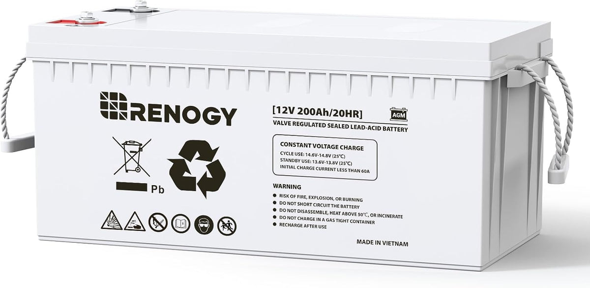 12 Volt 200Ah Deep Cycle AGM Battery, Lead Acid Solar Battery | 3% Self-Discharge Rate, 2000A Max Discharge Current