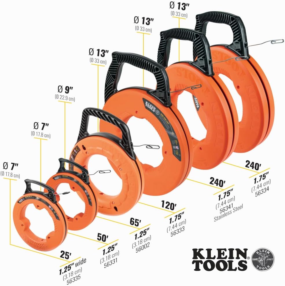 56331 50-Foot Electrical Fish Tape, Steel Wire Puller with Double Loop Tip, Optimized Housing and Handle, 1/8-Inch