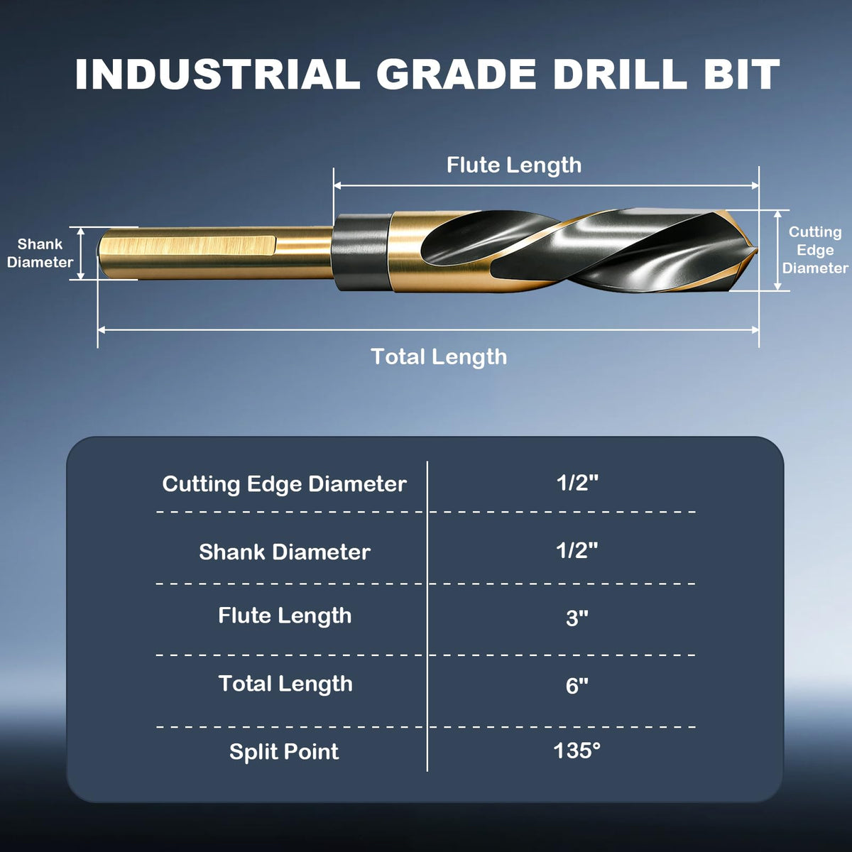 YEOLYTA 1/2" Drill Bit,M2 High Speed Steel,1/2" Reduced Shank,3-Flat,135°