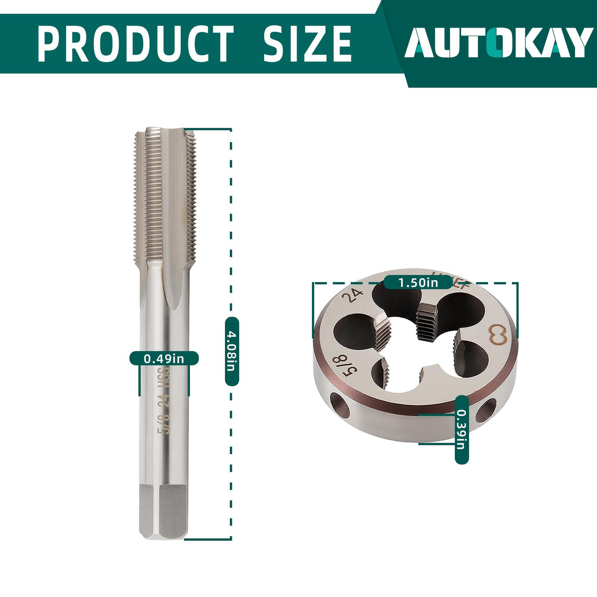 AUTOKAY New HSS 5/8"-24 UNEF Right Hand Thread Tap and Die Set (5/8x24) RH