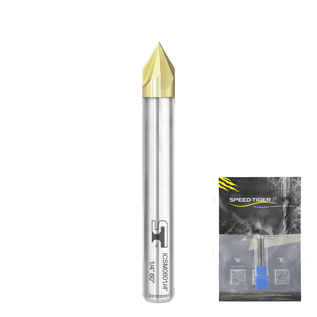 SPEED TIGER Chamfer End Mill - CNC Carving Bits, V Groove, 60 Degree, ICSM3/8 Diameter 3" OVL (1 Piece, 3/8" 60°) - for Wood, Alloy Steels, Hardened Steels – Mill Bits Sets for DIYers & Professionals