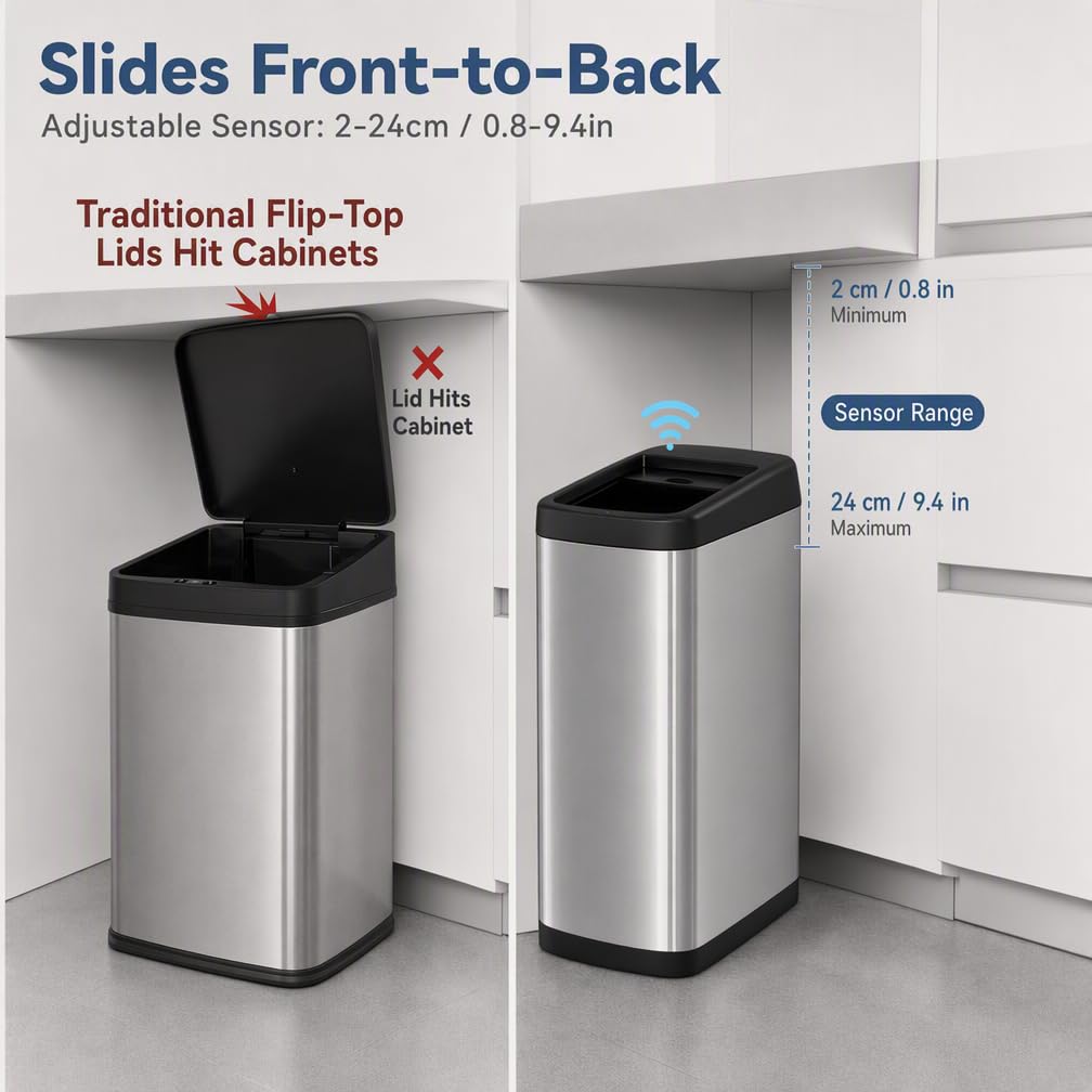 13 Gallon Kitchen Trash Can, Touchless Motion Sensor, Rolling Lid