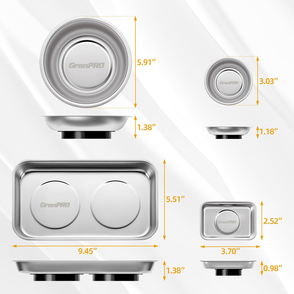 4-Pack Magnetic Parts Tray Set, Heavy-Duty 3"/6" Round & Square