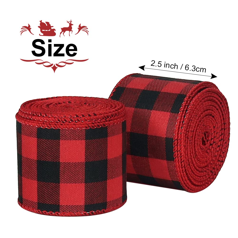 2 Roll 2.5" Buffalo Plaid Ribbon Red Wired Total 19.6 Yards