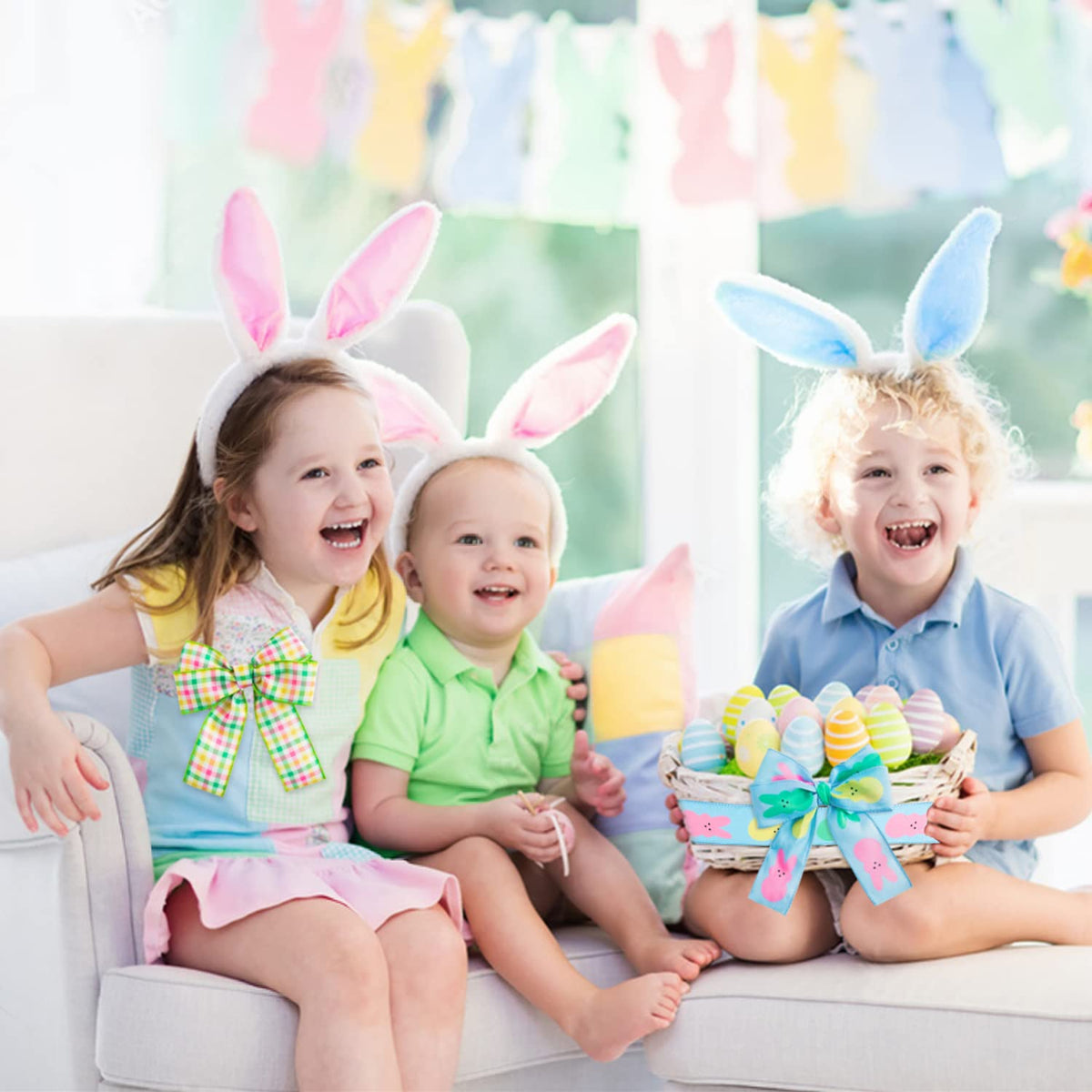 4PCS Easter Spring Pastel Wired Ribbon Rolls, Easter Bunny Wired Edge Ribbons, Decorative Wrapping Ribbon for Gift