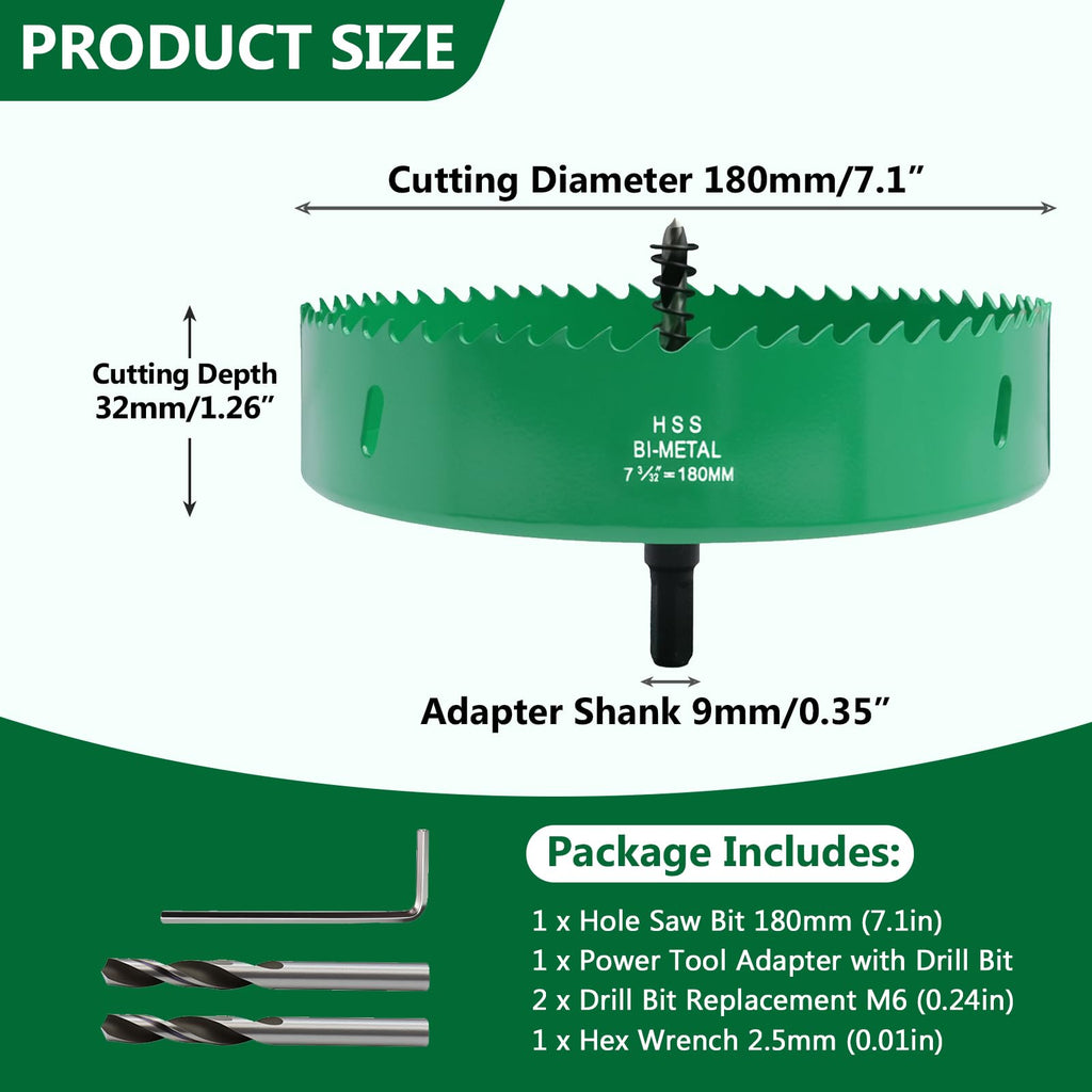 7.1 Inches/180mm Bi-Metal Hole Saw with Arbor & Pilot Bit