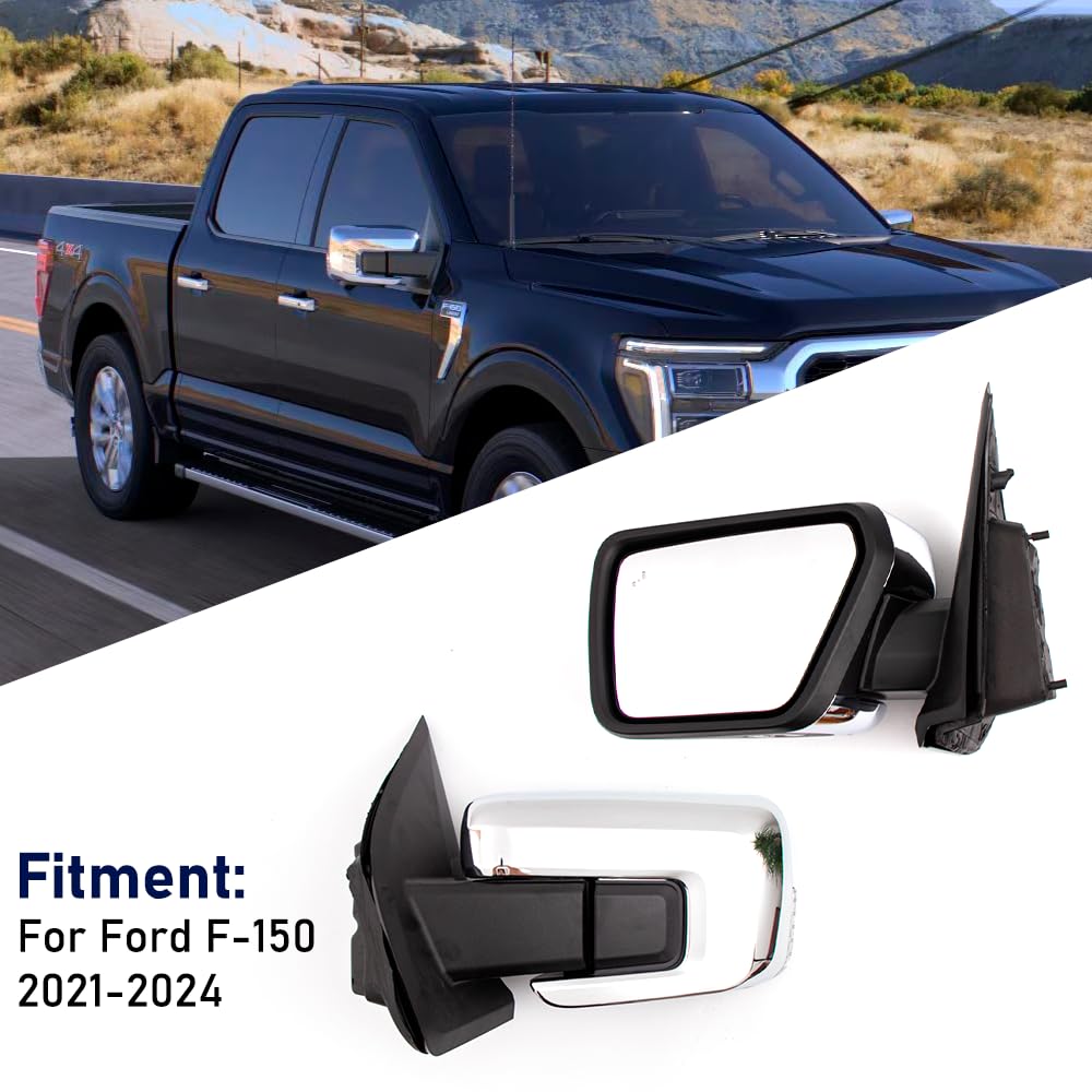 For Ford F150 2021-2024 Door Mirror Assembly with Chrome Back Cover Manual Folding with Turn Signal Light Puddle Light Power Heated and Blind Spot Glass 11 Pins LH Driver Side