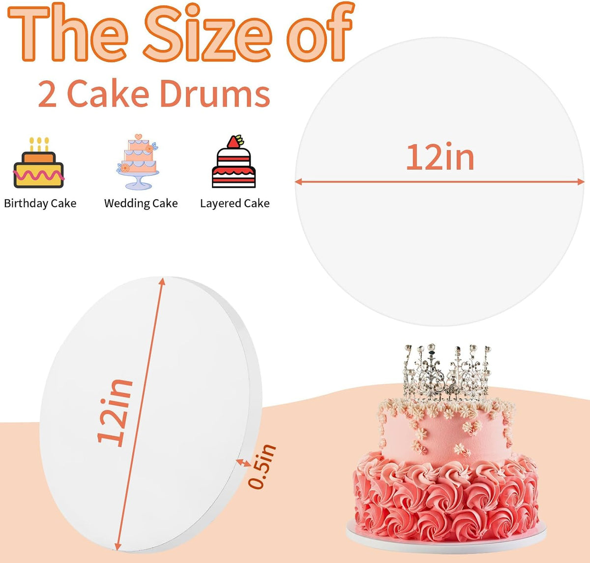 Cake Drums 12 Inch, 2 Pcs Sturdy 1/2 Inch Cake Base Cake Boards