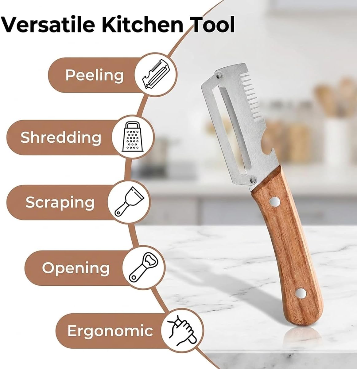 Vegetable Peeler for Kitchen – Multifunctional Stainless Steel Peeler with Wooden Handle & Bottle Opener, Durable for