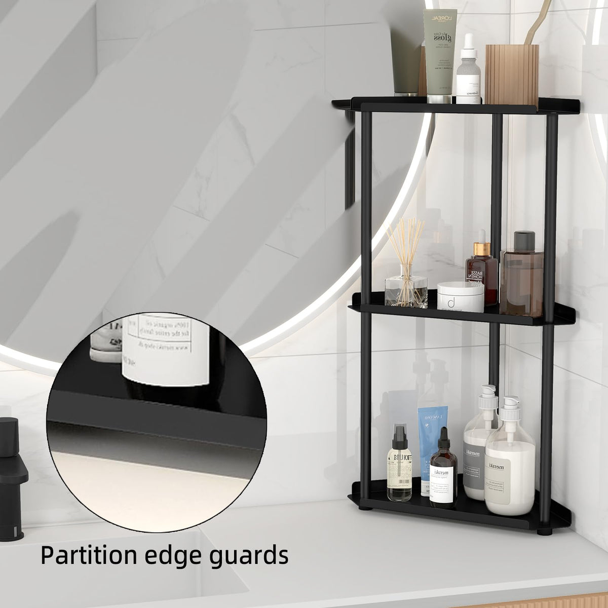 Corner Bathroom Counter Organizer, 3 Tier Corner Shelf Countertop Black