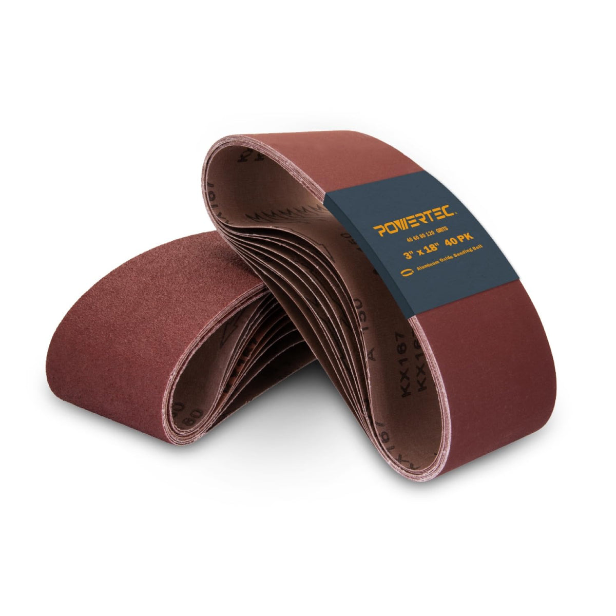 POWERTEC 3 x 18 Inch Sanding Belts, 10 Each of 40/60/80/120 Grits, 40PK, Aluminum Oxide Belt Sander Sanding Belt Assortment for Portable Belt Sander, Wood & Paint Sanding, Metal Polishing (110802-P2)
