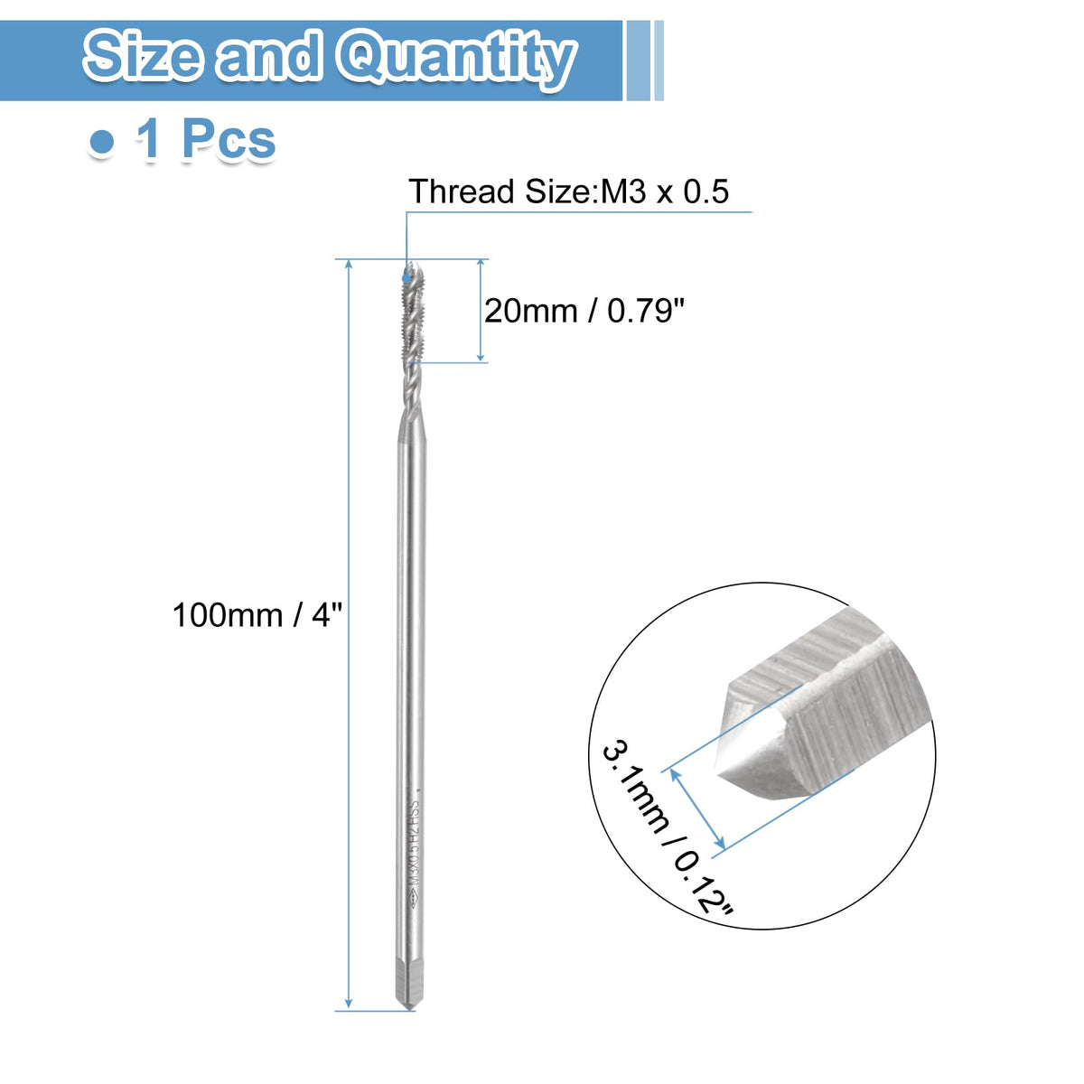 uxcell Spiral Flute Thread Tap, Metric M3 x 0.5 H2 100mm (4") Extra Long Machine Screw Tap Threading Tapping Tool, High Speed Steel (HSS)