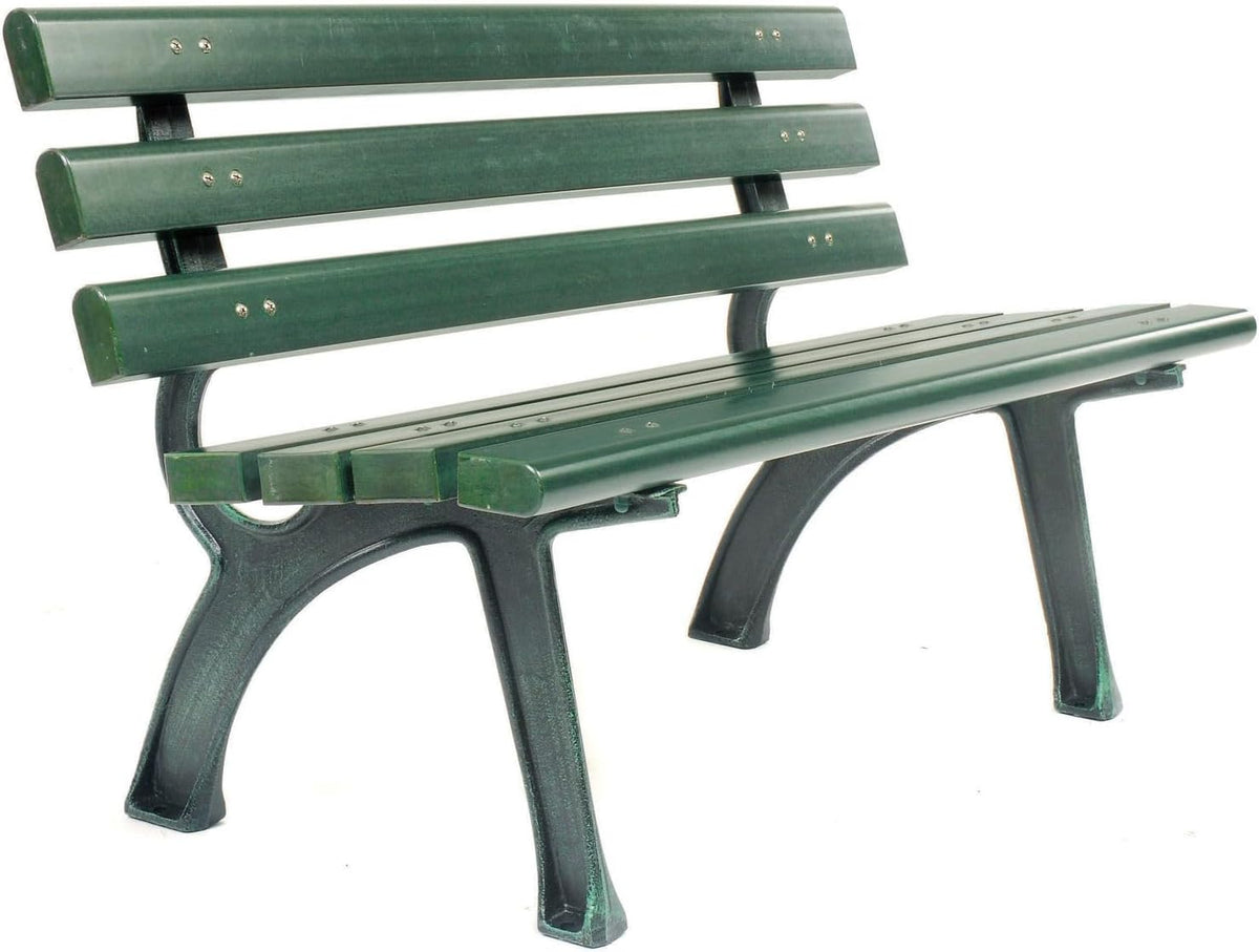 4'L Outdoor Park Bench with Backrest, Green, Plastic | Recylced Plastic Slats, Wrought Iron Frame, 1100 lbs Capacity