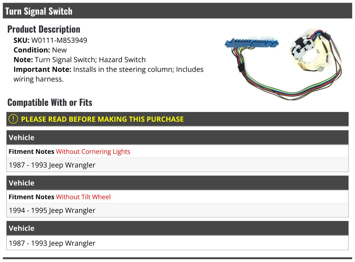 Marketplace Auto Parts Turn Signal Switch - Compatible with 1987-1995 Jeep Wrangler