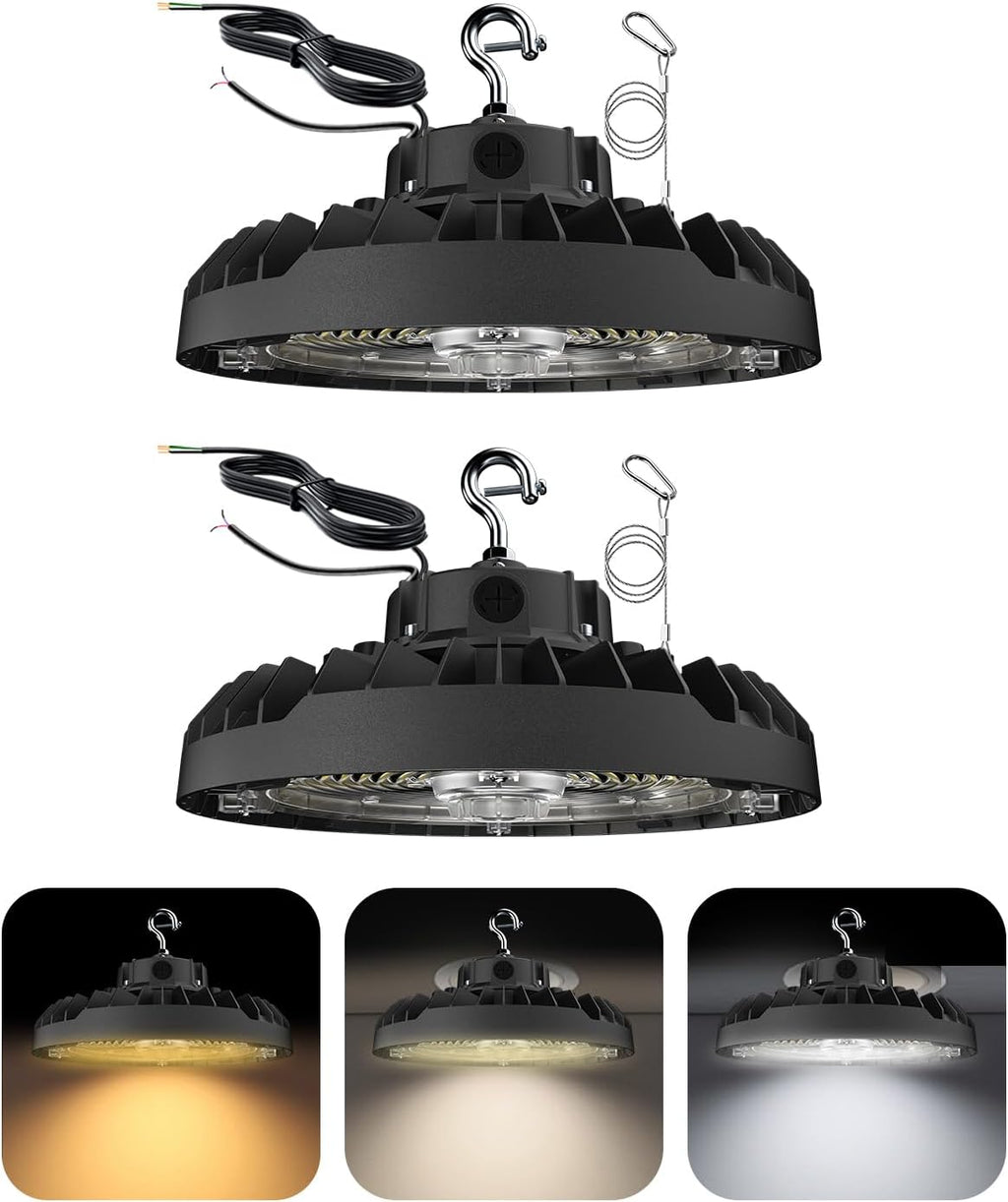 JCE UFO LED High Bay Light, Selectable 100W/120W/150W, 5000K, 21750LM 90 Degree Warehouse High Bay LED Shop Lights, Commercial Round Industrial Garage Gym Workshop Factory Interior(2 Pack)