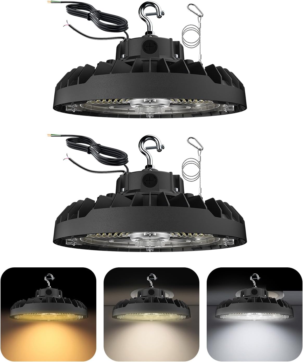 JCE UFO LED High Bay Light, Selectable 100W/120W/150W, 5000K, 21750LM 90 Degree Warehouse High Bay LED Shop Lights, Commercial Round Industrial Garage Gym Workshop Factory Interior(2 Pack)
