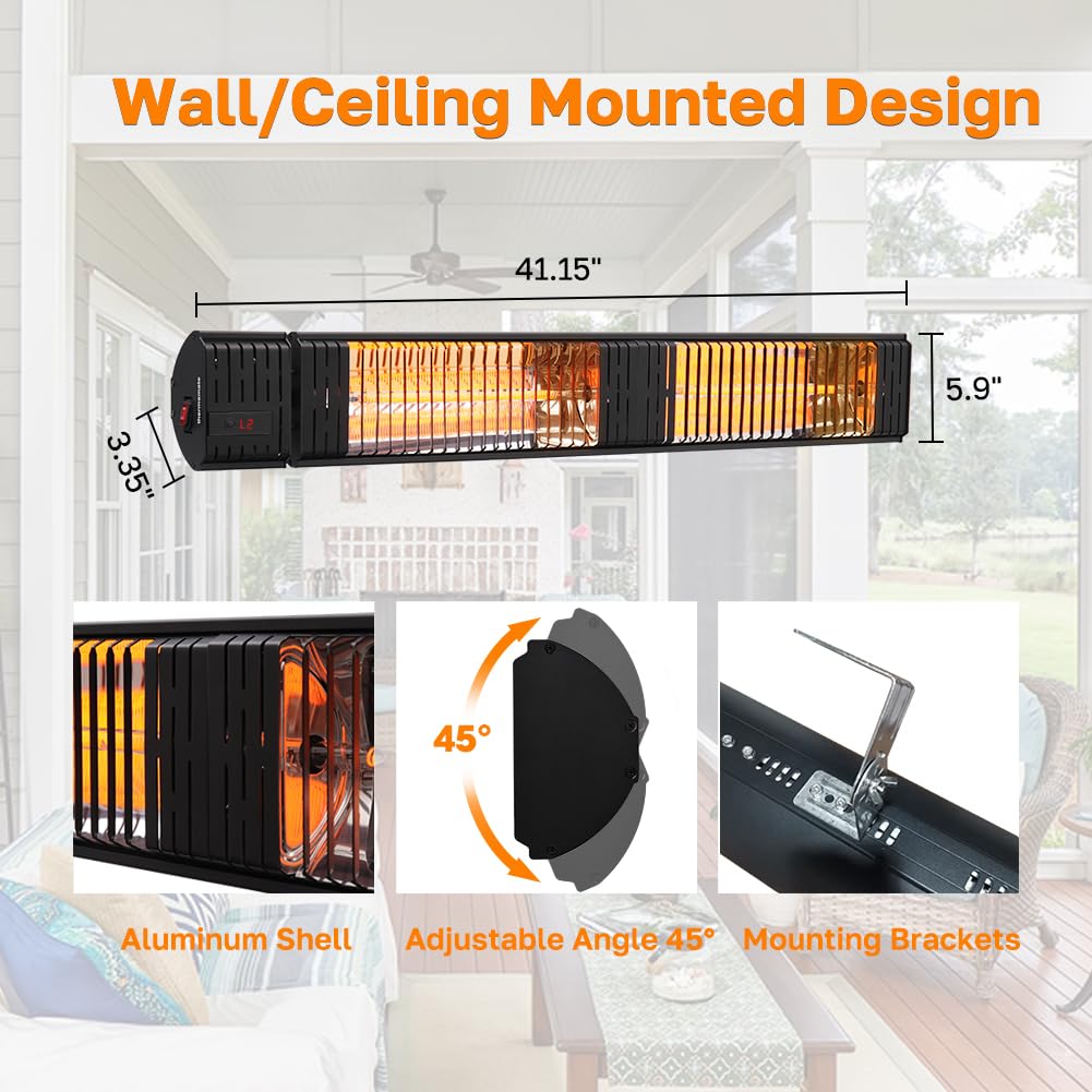 Infrared Heater, Carbon Fiber Heating for Outdoor/Indoor, Patio, Porch, Deck, Garage with Remote 24 Hours Timer, Hard