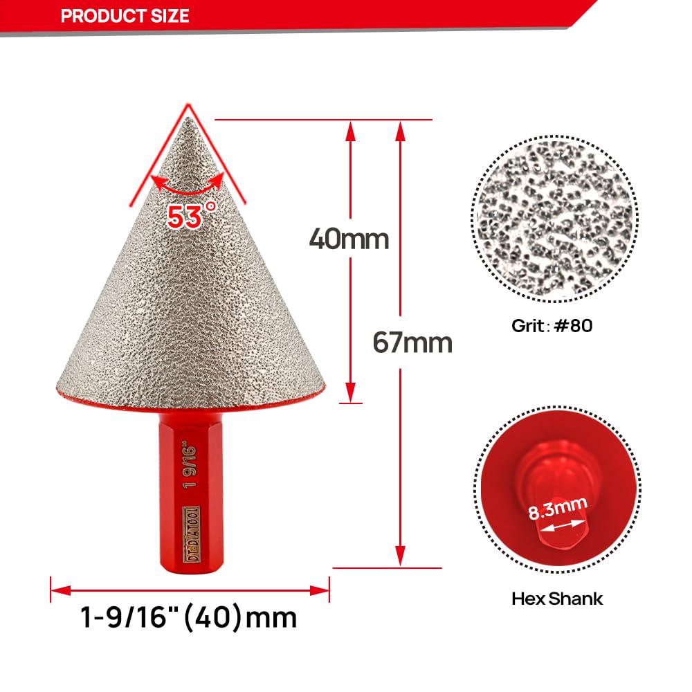 DT-DIATOOL Diamond Beveling Chamfer Bit 1-9/16 Inch with Hex Shank, 2-Pack for Tile Porcelain Ceramic Granite Marble Existing Holes Enlarging Polishing Shaping Trimming Repairing