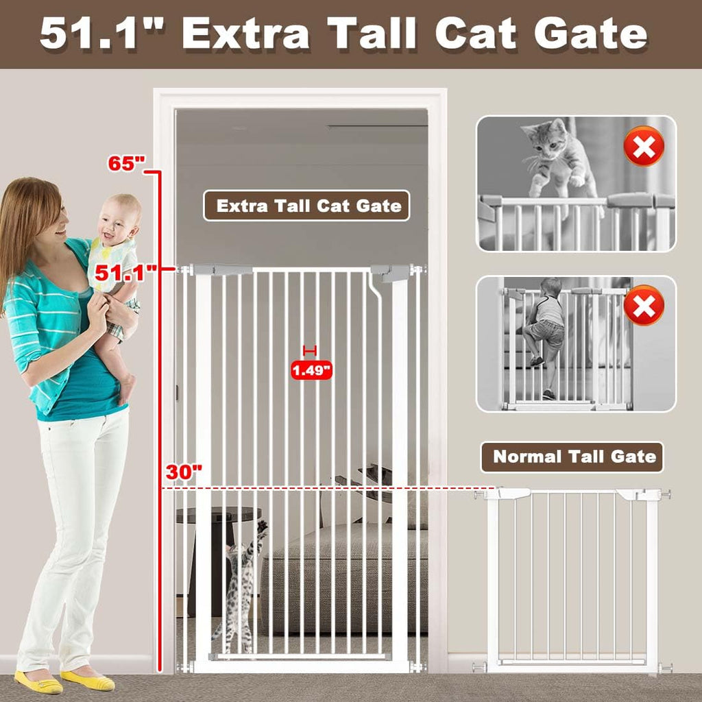 51.1" x 29.5-48.4" Extra-Tall & Extra-Wide Adjustable Hardware/Pressure-Mounted Pet & Child Safety Gate with Dual-Lock Walk-Through Swing Door for Stairs, Hallways & Wide Doorways