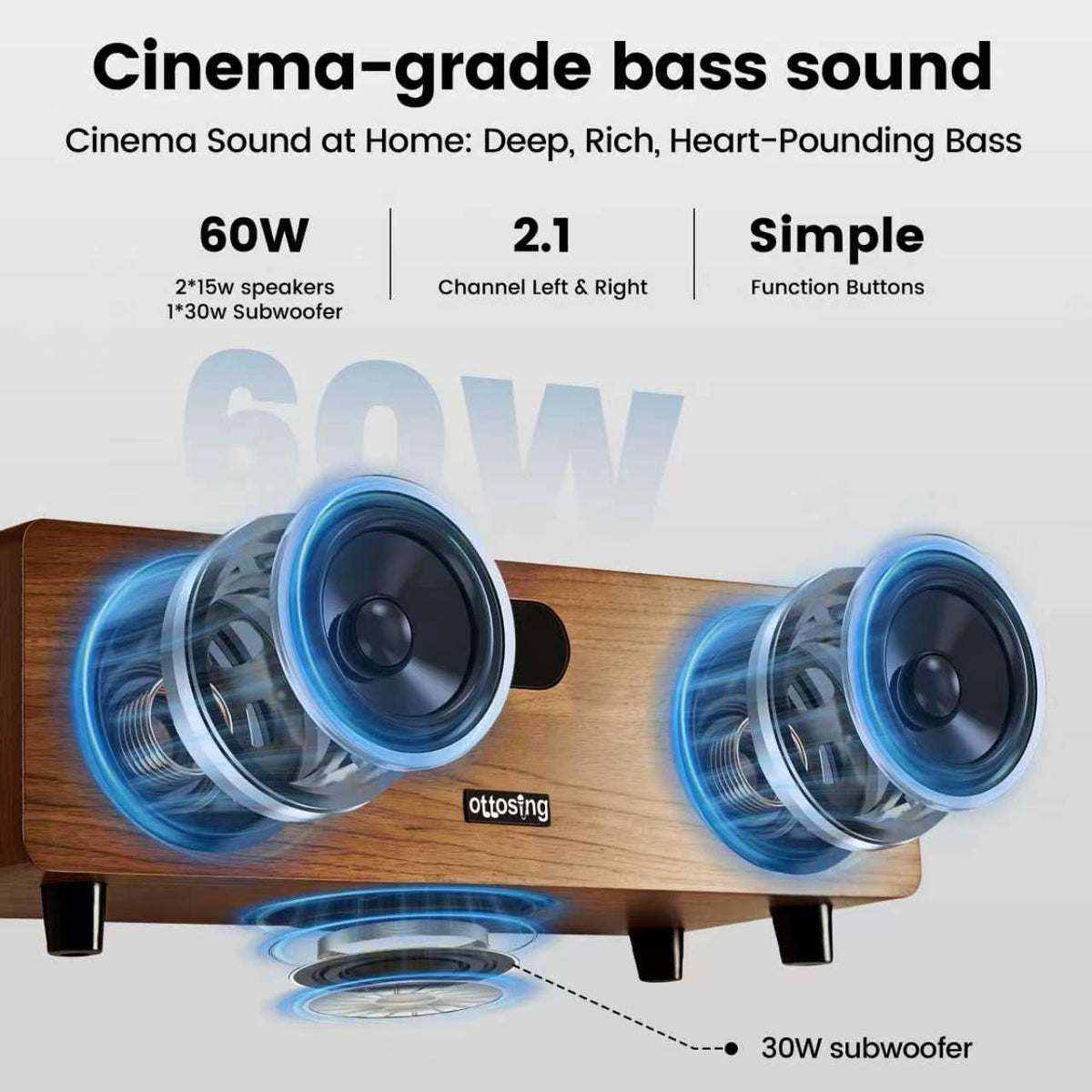 2.1 Sound Bar for Smart TV, Built-in 30W Subwoofer, Bluetooth 5.0,Optical/HDMI ARC/AUX/USB Inputs, Wooden Home