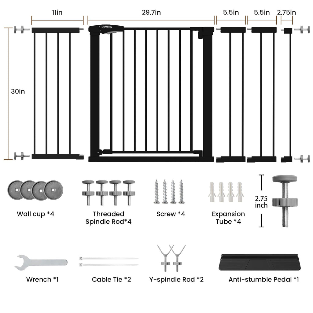 29.7-57" Extra-Wide No-Drill Pressure-Mounted Pet & Child Safety Gate with Auto-Close Walk-Through Door for Stairs, Hallways & Wide Doorways