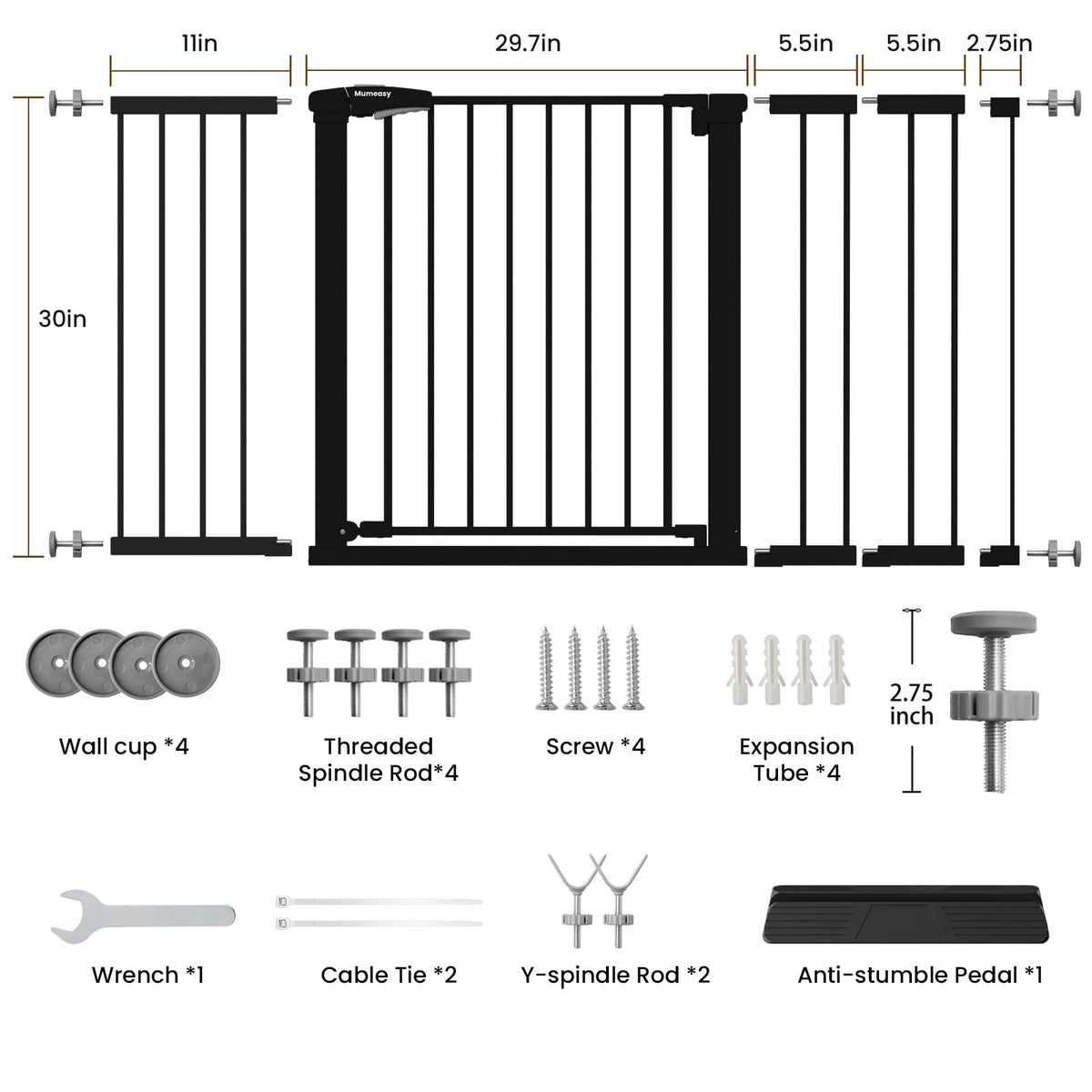 29.7-57" Extra-Wide No-Drill Pressure-Mounted Pet & Child Safety Gate with Auto-Close Walk-Through Door for Stairs, Hallways & Wide Doorways