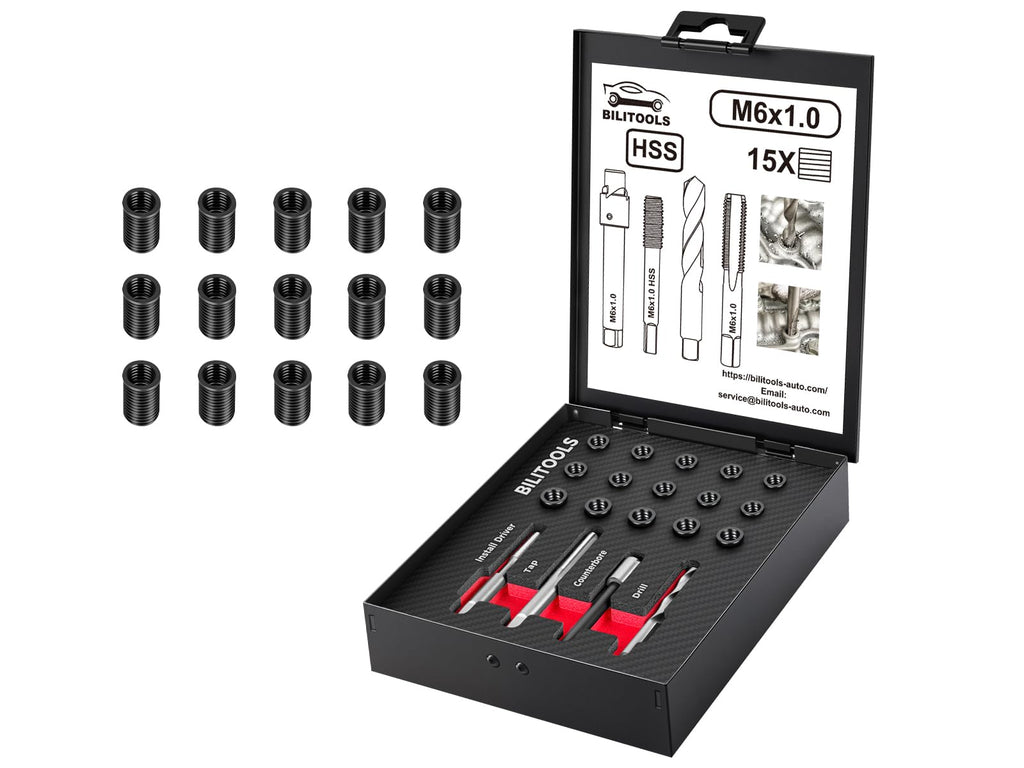BILITOOLS M6x1.0 Thread Repair Kit, 15‑Piece 1020 Carbon Steel Inserts