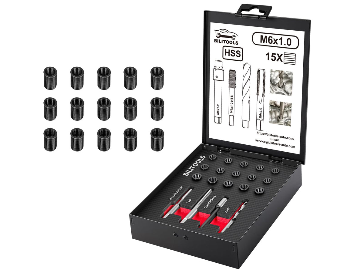 BILITOOLS M6x1.0 Thread Repair Kit, 15‑Piece 1020 Carbon Steel Inserts