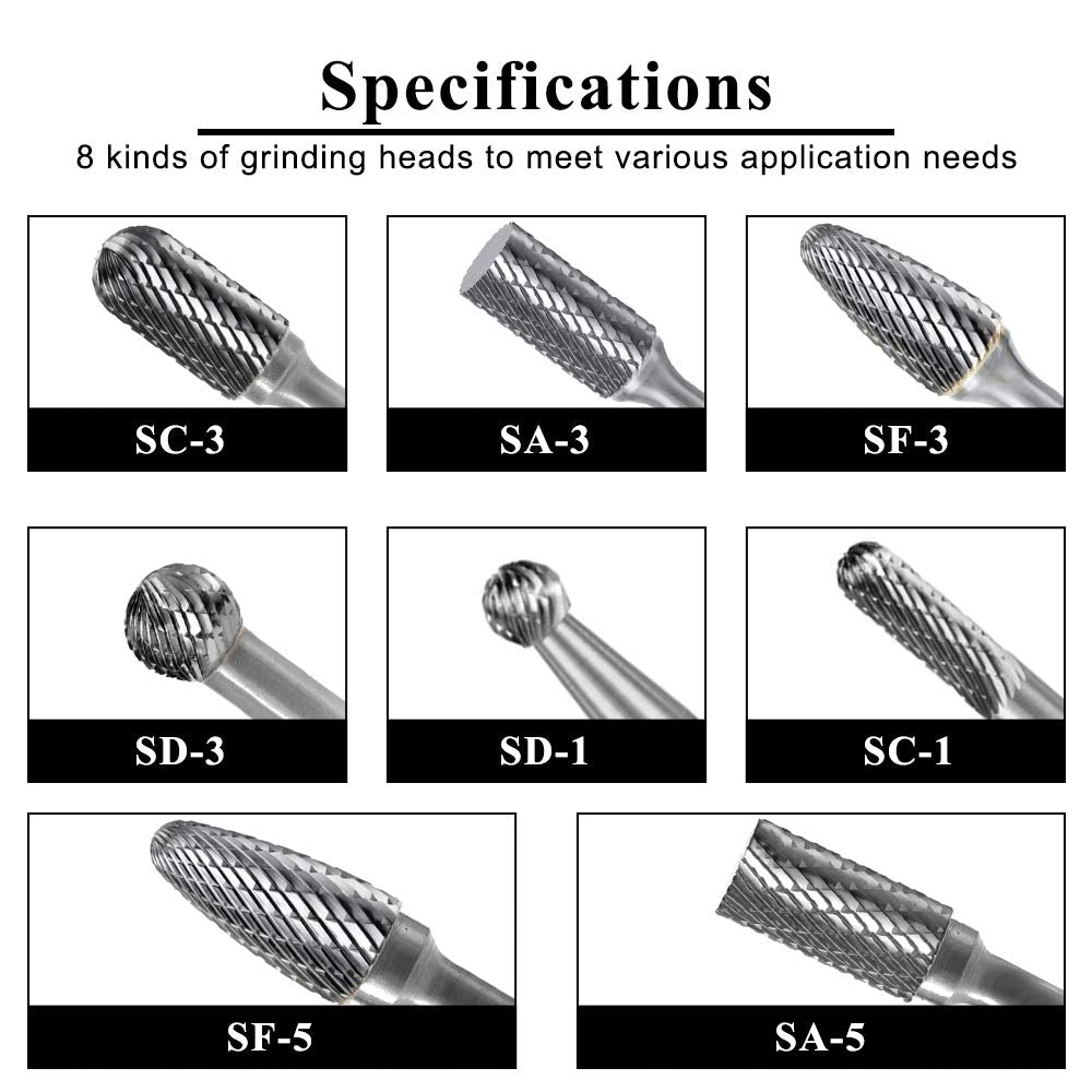 YUFUTOL Carbide Burr Set with 1/4''(6.35mm) Shank Double Cut 8pcs