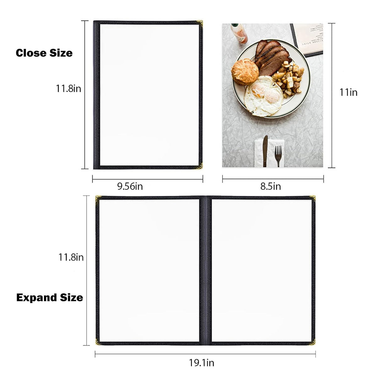 Restaurant Menu Covers Set 15 - Transparent Menu Covers 8.5" x 11" 2-Page Menu Holders with Metal Corners and Black