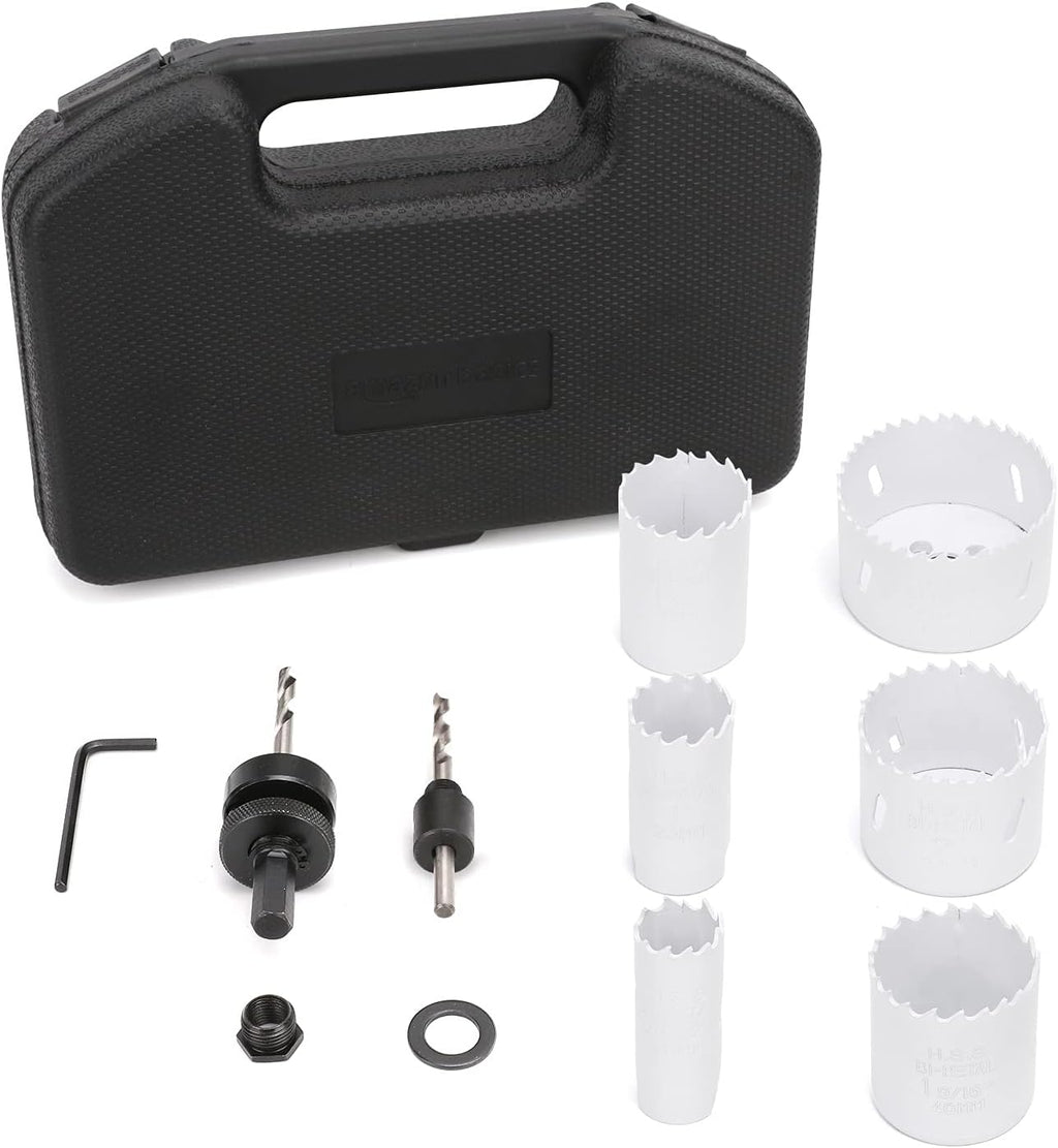 Amazon Basics 9-Piece Bi-Metal High Speed Steel Hole Saw Kit for Cutting Holes in Metal, Plastic, Plasterboard with Carrying Case, 25/32" to 2-11/16", Black