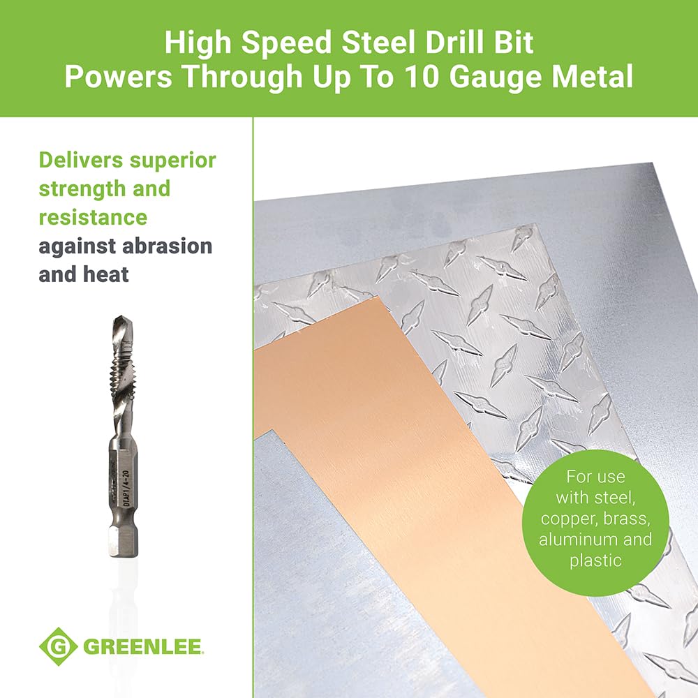 Greenlee DTAPKIT Drill/Tap Kit for Metal, One-Step Drilling, Tapping, and Deburring/Countersinking Set with Quick Change Adaptor, 6-32 to 1/4-20