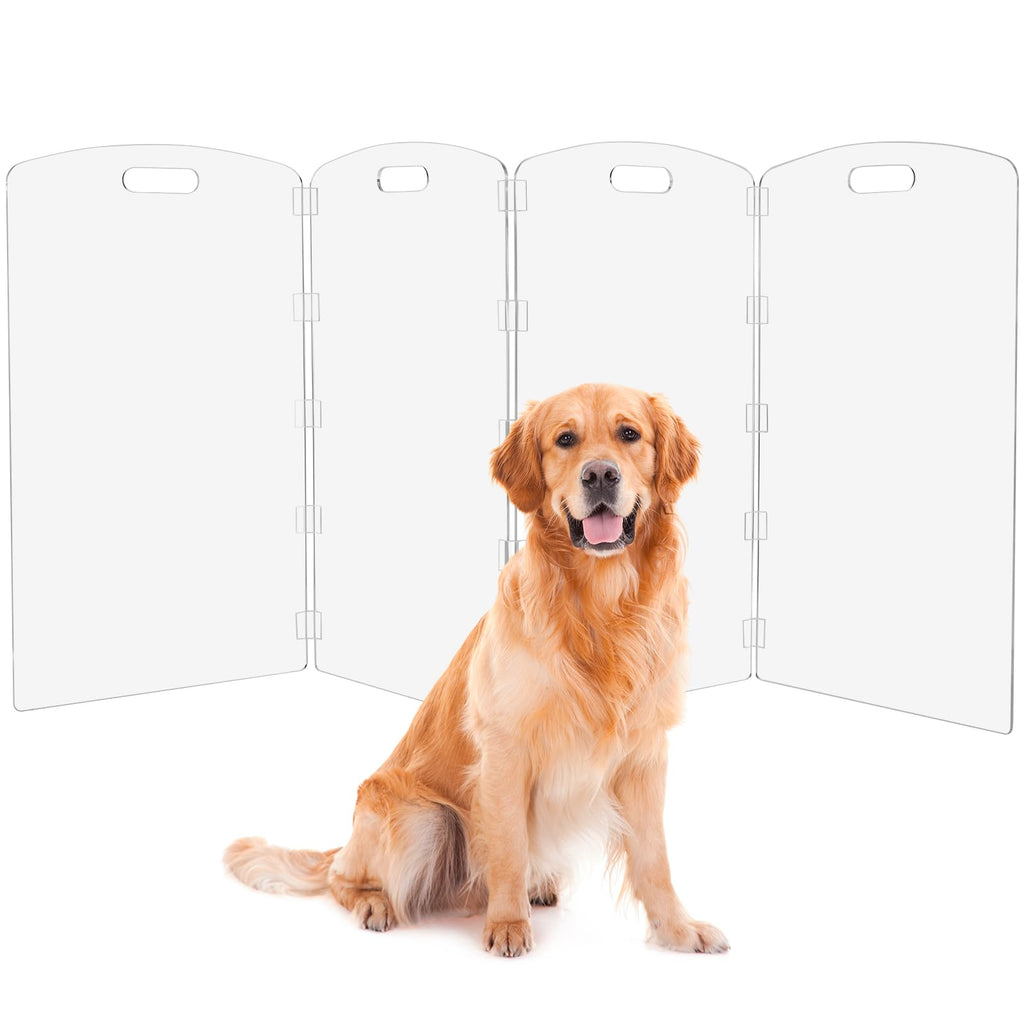 32" Tall 4-Panel Clear Acrylic Freestanding Indoor Pet Barrier Gate with Modern Folding Frame for Wide Doorways, Hallways & Stairs