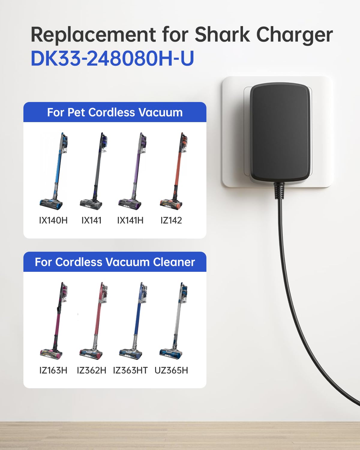 Naubluvo 24.8V Charger for Shark Pet Cordless Stick Vacuum IX141 IZ140H IX141H IZ142, 4.9FT Power Cord for Shark Cordless Vacuum Cleaner IZ163H IZ362H IZ363HT, Replacement for Charger DK33-248080H-U