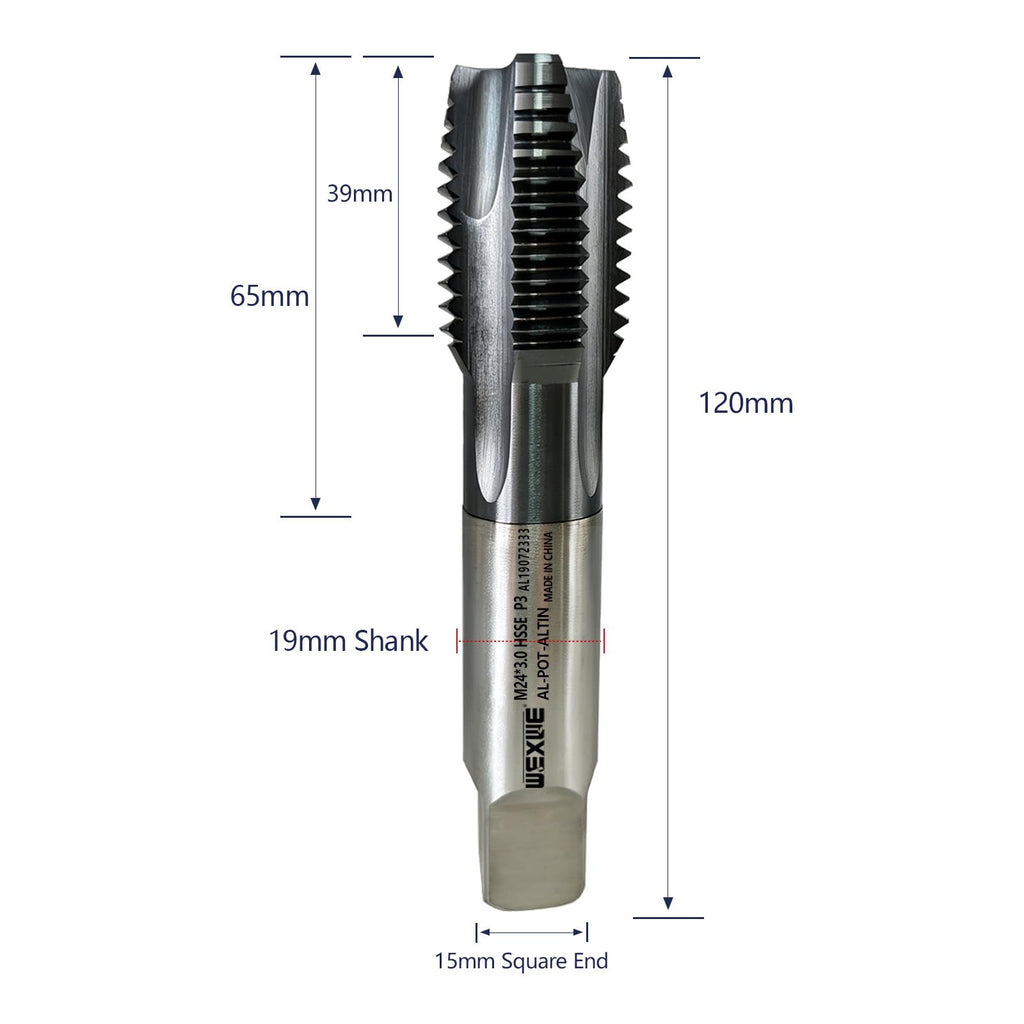 WEXWE Tools M24 x 3.0 Spiral Point Threading Tap, Metric Machine Threading Tap High Speed Steel Cobalt(HSSCo) With AlTiN Coating, Round Shank with Square End, H2 Tolerance, 1PC