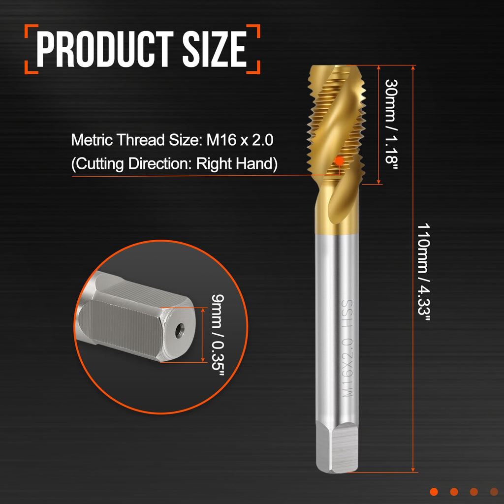 Workkyma M16 x 2.0 Spiral Flute Thread Tap M2 High Speed Steel Titanium