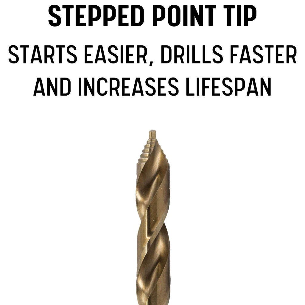 Drill America 17/32" Cobalt Stepped Drill Bit with 1/2" Reduced 3-Flat Shank, Gold Oxide Finish for Drilling Acrylic, Steel, Hard Metals, GSC Series