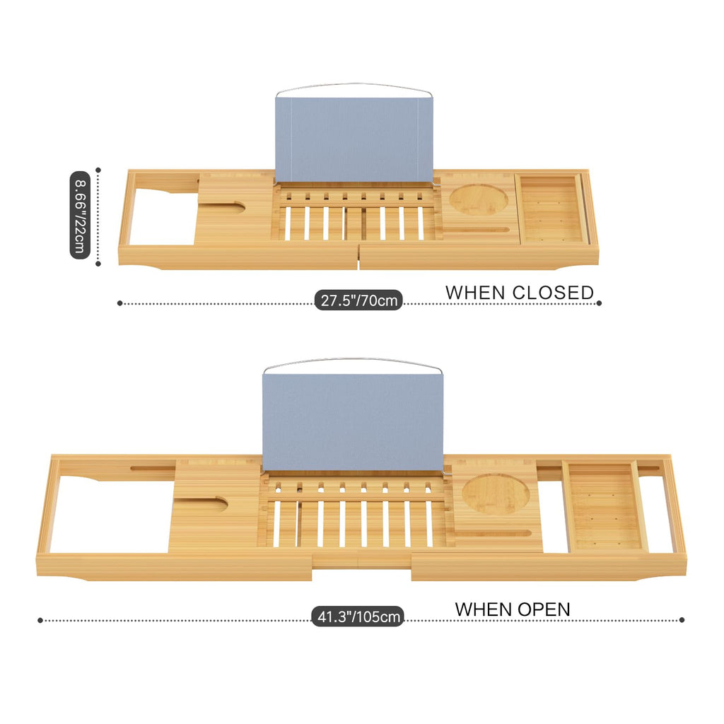 Luxury Bamboo Bathtub Tray - Wooden Expandable Caddy with Book, Tablet, Wine Holder - Gift Idea