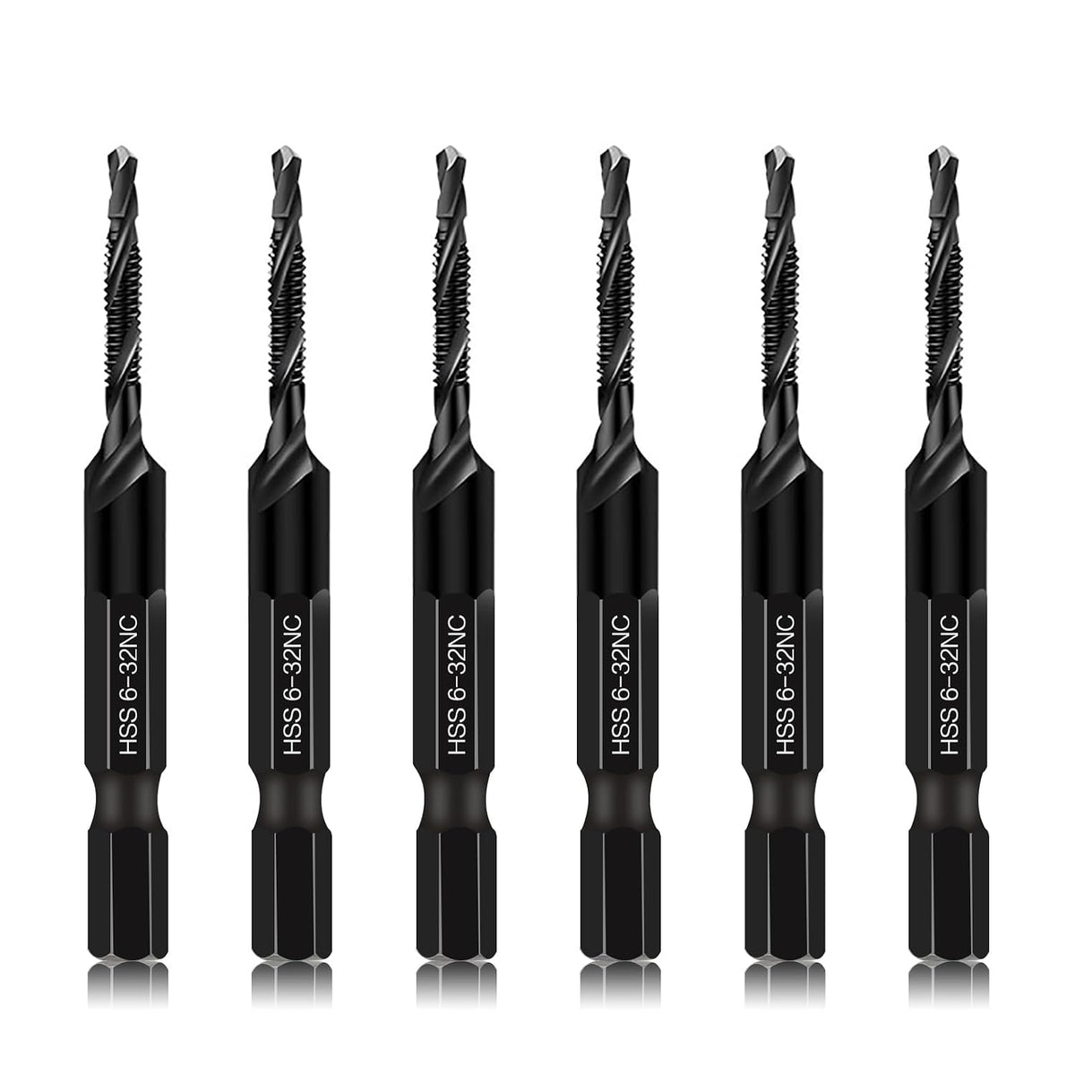 6-Piece 6-32NC Combination Drill Tap Countersink Bit Set SAE, Made of High-Speed Steel with Anti-Rust Blackened Coating, Ideal for Soft Metal, Wood & Plastic, 6-32NC Thread Size, 1/4” Hex Shank