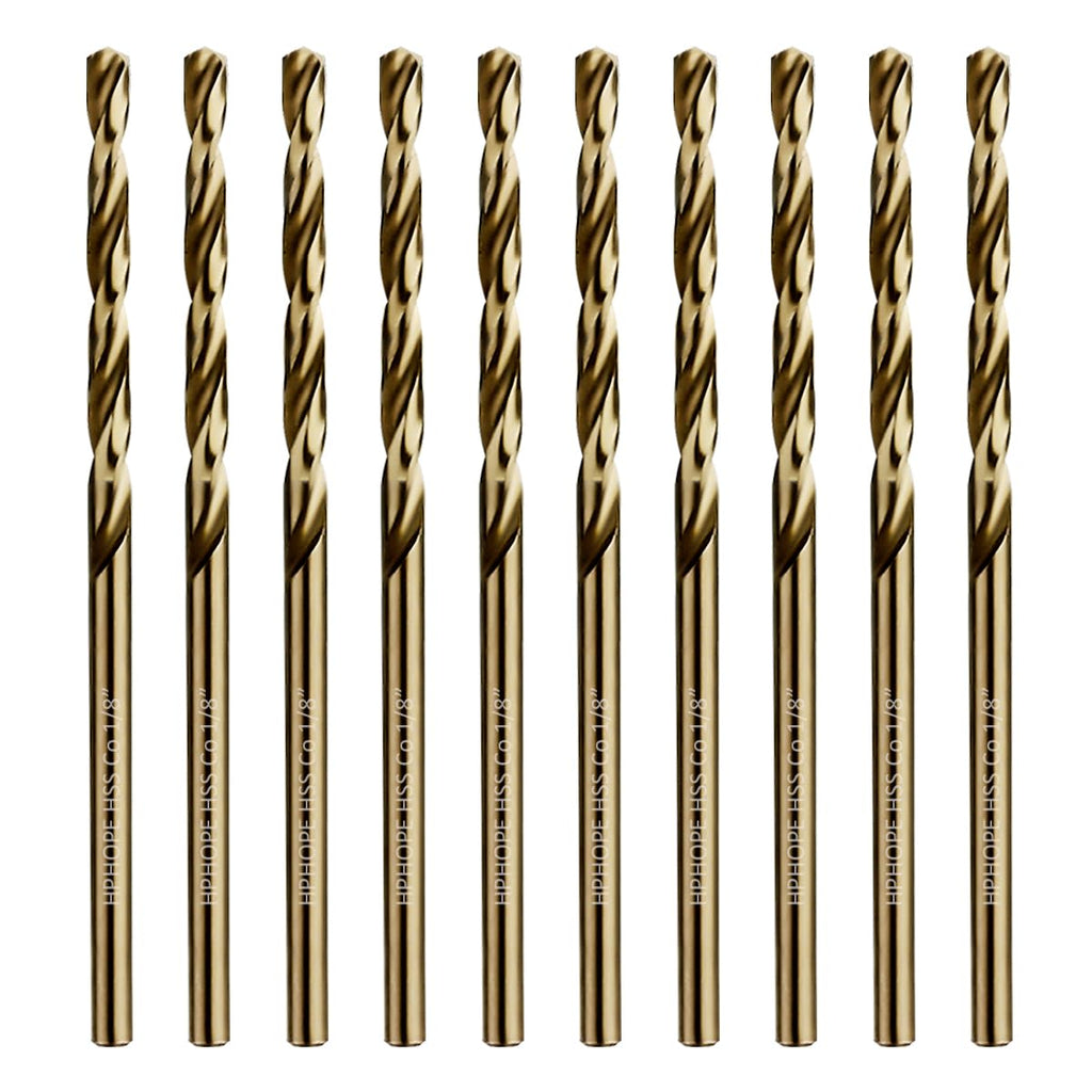 1/8 Inch Cobalt Drill Bits 10Pcs - HPHOPE M35 HSS Metal Twist Drill Bits Set, Jobber Drill Bits Length and Straight Shank, Suitable for Drilling in Hard Metal, Stainless Steel, Cast Iron