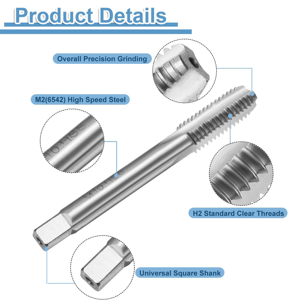 uxcell Hand Bottom Tap M10 x 1.5 H2 Metric Thread Bottoming Style Threading Taps High Speed Steel HSS6542 Straight Flutes Screw Tapping Tool