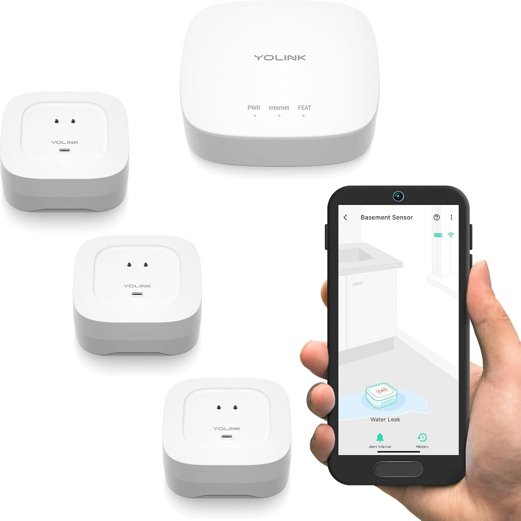 Smart Home Starter Kit: Hub & Water Leak Sensor 4 with 105dB Audio Alarm 3-Pack, SMS/Text, Email & Push