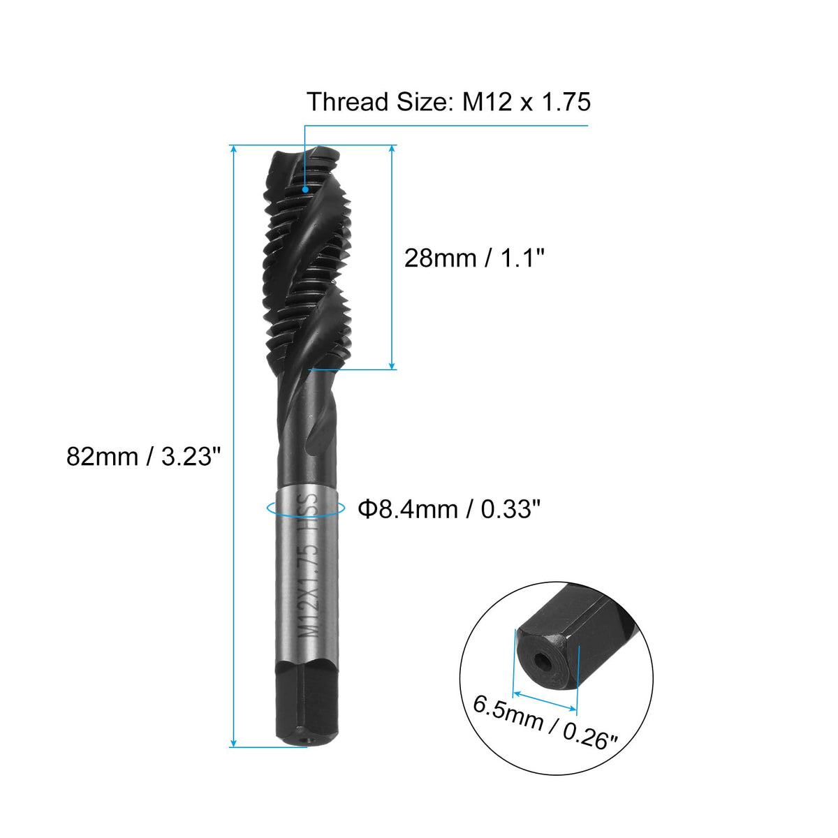 uxcell M12 x 1.75 Spiral Flute Thread Tap, Metric Machine Threading Tap HSS Nitriding Coated, Round Shank with Square End, H2 Tolerance, 2pcs