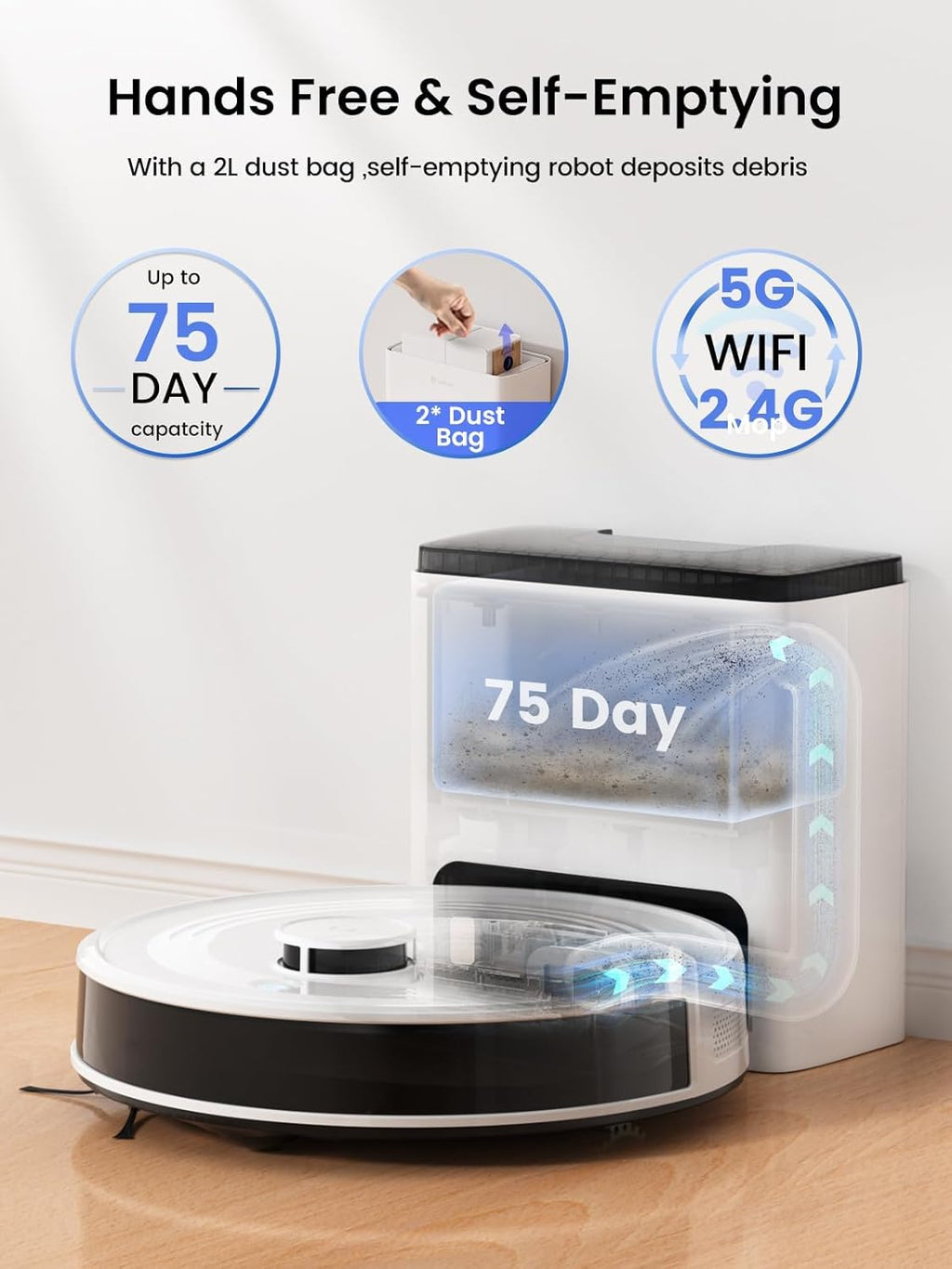 Robot Vacuum and Mop,75-Day Self-Emptying,6000Pa Powerful Suction,Customized Cleaning,Home Mapping, 140 Min Runtime
