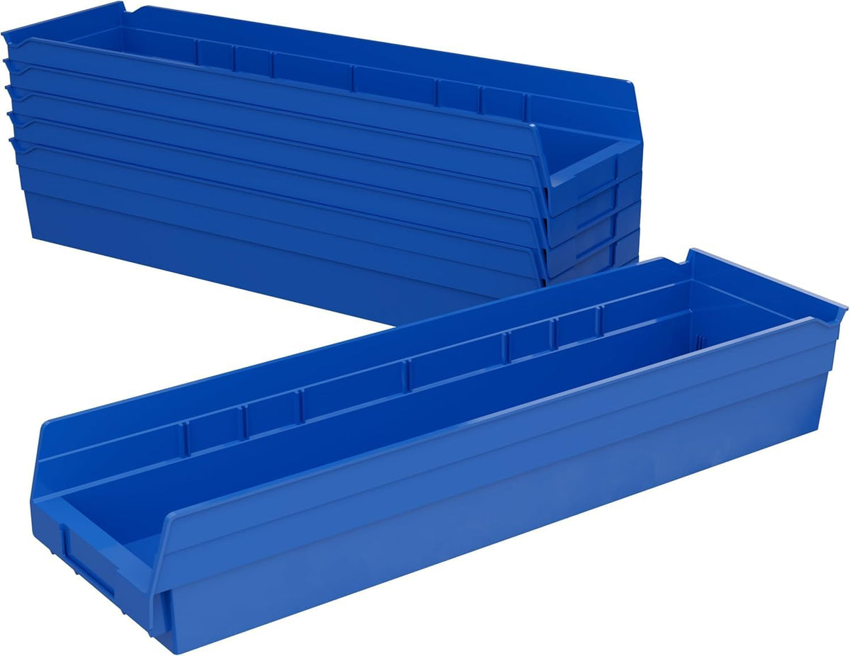 30164 Heavy Duty Plastic Shelf Bins, 24"x 6.5"x 4", Blue, 6-Pk