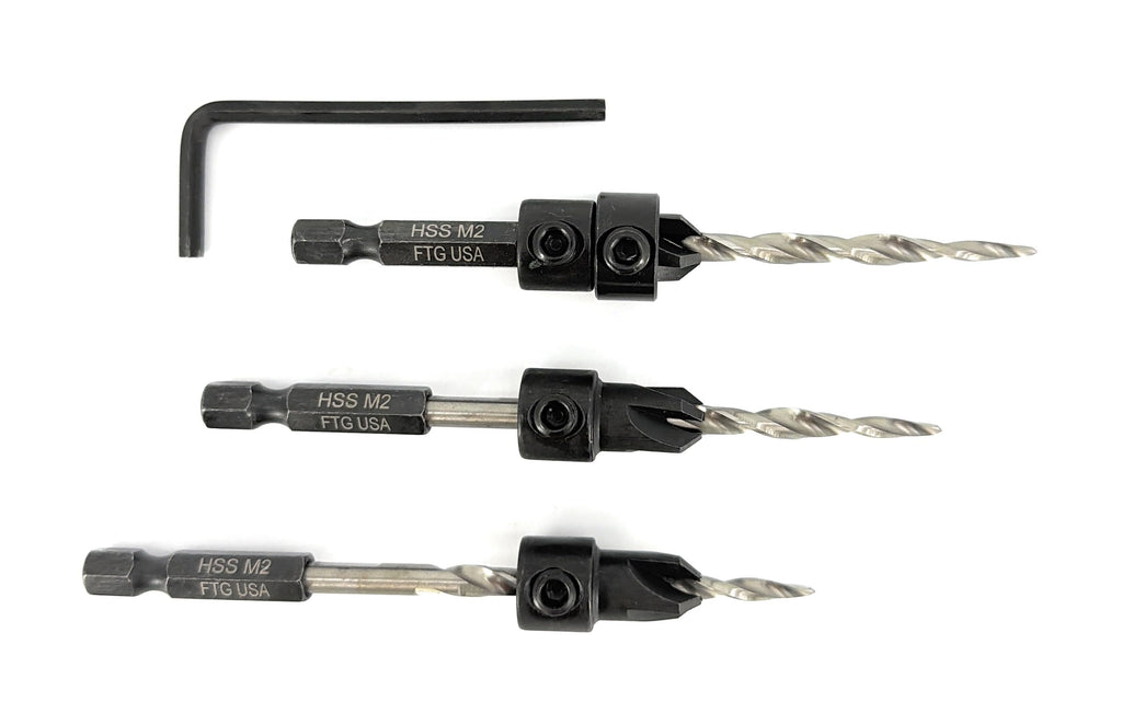 FTG USA 3-Pk #8 (11/64") Countersink Drill Bit Set, 1 Stop, 1 Wrench & Case